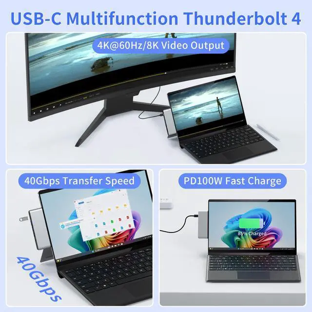 Alt view image 3 of 5 - Surface Pro 11 Accessories Docking Station with Dual 4K@60Hz HDMI, USB-C Thunerbolt 4 (Display+Data+100W Charging), 2 USB 3.0, SD/TF, 3.5mm Mic, USB C Hub Adapter for Surface Pro 11/10/9/X