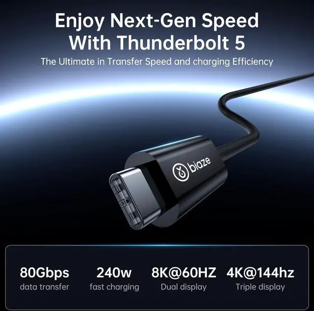Alt view image 2 of 5 - biaze Intel Certified Thunderbolt 5 Data Cable, 5-Foot USB-C to USB-C Data Cable, Supports 240W Charging, up to 120Gbps Bandwidth,Supports 8K/4K Display, iPhone 16, MacBook, and More Devices