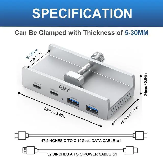 Alt view image 4 of 5 - EJAY 4Ports 10Gbps USB-C HUB USB3.2 Clamp USB HUB Splitter,Mountable USB-C Adapter with Data & Power Cable for iMac 2021 and later-10Gbps(Sliver)