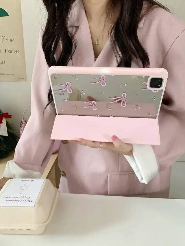 Alt view image 4 of 5 - Adjustable Kickstand Mirror Leather Hard Folio Case for Apple Cream White Color Pink Bow Ribbon Beautiful Floral Cute Chic Adorable Lovely Girls Kids (for iPad Pro 12.9-inch 6th Generation 2022)