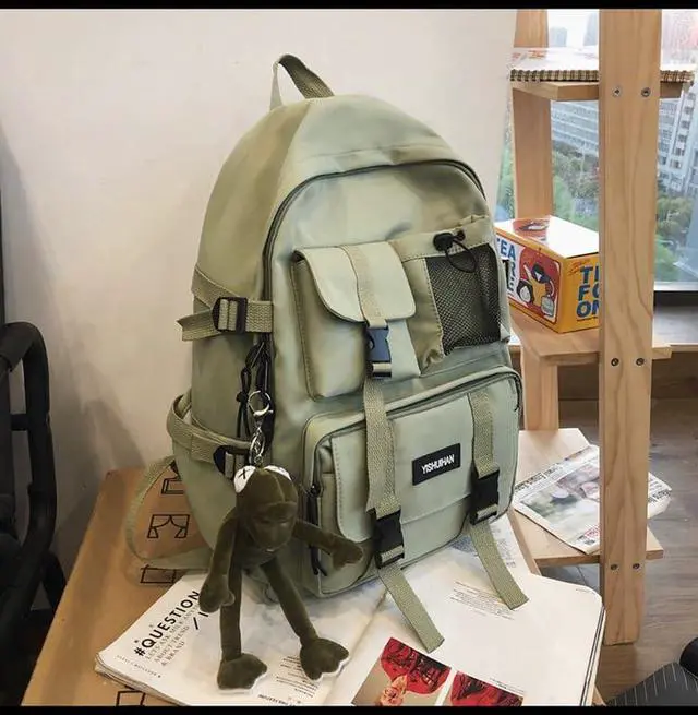 Alt view image 4 of 5 - MININAI Aesthetic Backpack with Cute Frog Pendant for Women Men Preppy Laptop Backpack Japanese Harajuku College Backpack (Green,One Size)