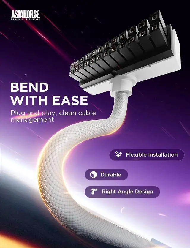 Alt view image 3 of 5 - AsiaHorse Hydrus-24PIN PC PSU Extension, ATX 24PIN Motherboard Power Extension 90° Right Angle Design, 650W Power Supply, Perfect for PC Case Management & DIY Enthusiasts (White, 24Pin-ARGB)