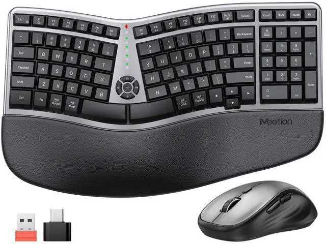 Main image of MEETION Ergonomic Keyboard and Mouse Wireless Combo, 2.4G Curved Compact Keyboard with Cushioned Palm Rest, 4 Level DPI Adjustable Wireless Mouse, for Windows/Mac/Desktop/PC/Laptop, Gray Black