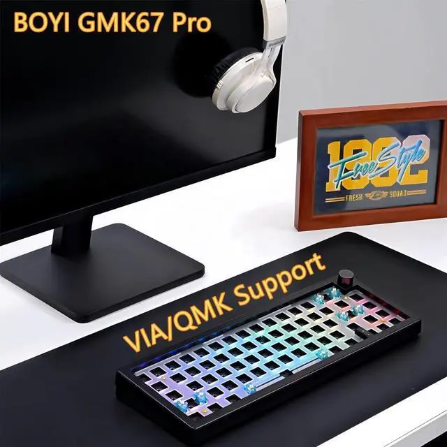 Alt view image 2 of 5 - BOYI GMK67Pro Keyboard Barebones Kit,QMK/VIA Programmable BT5.0/2.4G/Type-C Tri-Mode Wireless RGB Gasket Mounted 65% Mini Custom RGB Mechanical Keyboard with Knob DIY Kit(Black)