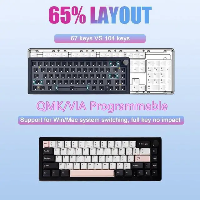 Alt view image 5 of 5 - BOYI GMK67Pro Keyboard Barebones Kit,QMK/VIA Programmable BT5.0/2.4G/Type-C Tri-Mode Wireless RGB Gasket Mounted 65% Mini Custom RGB Mechanical Keyboard with Knob DIY Kit(Black)