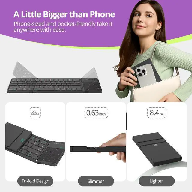 Alt view image 2 of 5 - Nillkin Pocket Foldable Keyboard with Touchpad & Wireless Bluetooth, Portable Travel Keyboard for Home or Mobile Office Replaces Keypads and Mouse Combo, Compatible with iPad, Laptop, Tablet - Black