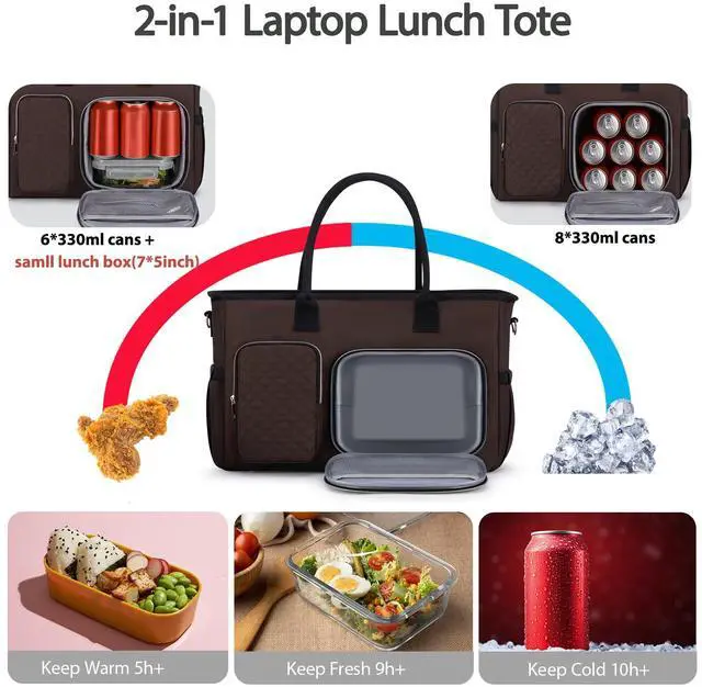 Alt view image 3 of 5 - Women Laptop Tote Bag with Insulated Lunch Compartment,15.6'' Teacher Work Computer Bag,Large Water-Resistant Messenger Shoulder Bag with Multi Pockets for Office/College/Travel-Brown