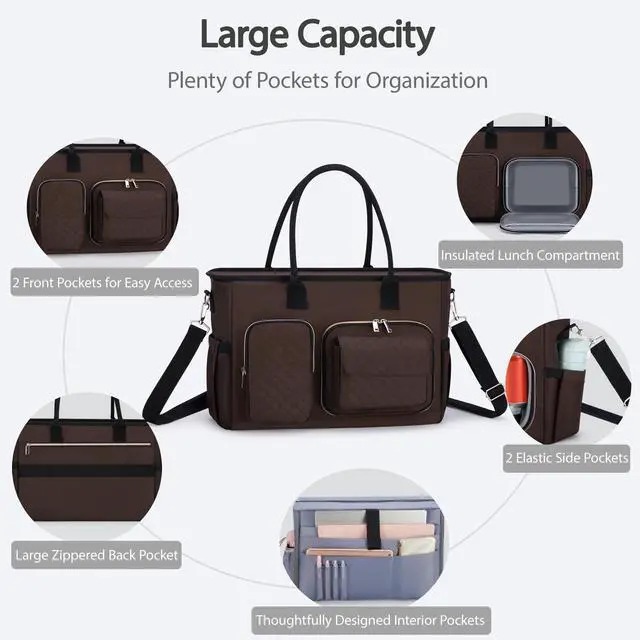 Alt view image 2 of 5 - Women Laptop Tote Bag with Insulated Lunch Compartment,15.6'' Teacher Work Computer Bag,Large Water-Resistant Messenger Shoulder Bag with Multi Pockets for Office/College/Travel-Brown