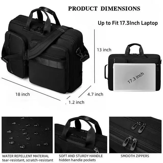 Alt view image 3 of 5 - HUAETING 3 in 1 Laptop Bag for Men 17.3 Inch Laptop Backpack Computer Bag for Business/Work/Travel Convertible Backpack Messenger Shoulder Bag for Men Women Black