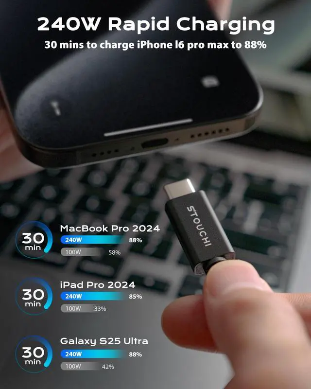 Alt view image 5 of 5 - Stouchi Intel Certified Thunderbolt 5 Cable 80Gbps, up to 120Gbps Bandwidth, Dual 8K Display, 240W Power, Compatible with Thunderbolt 5/4, USB4, MacBook, SSD, eGPU, Premium Braided Cable, 3.3FT