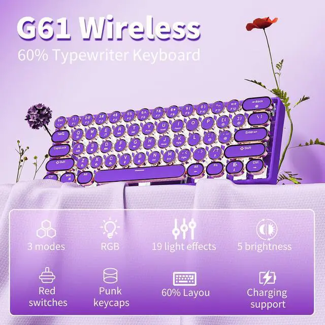Alt view image 2 of 5 - EWEADN G61 Typewriter Keyboard Wireless Mechanical Keyboards, 60% Mini Typewriter Keyboards with White Backlit, Anti-Ghosting, Red Switch Bluetooth/2.4GHz/USB-C Cute Aesthetic Keyboard-Purple