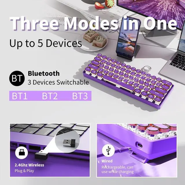 Alt view image 3 of 5 - EWEADN G61 Typewriter Keyboard Wireless Mechanical Keyboards, 60% Mini Typewriter Keyboards with White Backlit, Anti-Ghosting, Red Switch Bluetooth/2.4GHz/USB-C Cute Aesthetic Keyboard-Purple