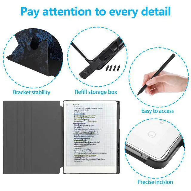 Alt view image 3 of 5 - QIOFEARTH Rotating Case for 11.8" Remarkable Paper Pro Tablet (2024 Released) Lightweight and Hard Back Shell Protective Book Folio Cover,Auto Sleep/Wake,Pen Holder and Pen Tips Box (Blue Flowers)