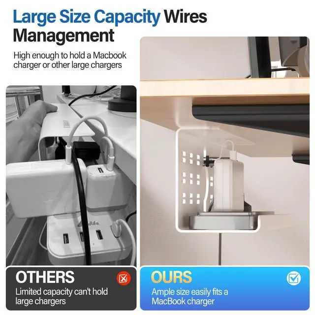 Alt view image 2 of 5 - 2 Pack Cable Management Under Desk White, Cinati 32" Large Cable Management Tray, Under Desk Alloy Steel Wire Organizers, Cord Hider Tray for Office and Home - Tape or Screw Installation