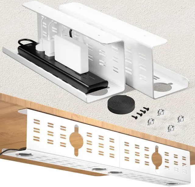 Main image of 2 Pack Cable Management Under Desk White, Cinati 32" Large Cable Management Tray, Under Desk Alloy Steel Wire Organizers, Cord Hider Tray for Office and Home - Tape or Screw Installation