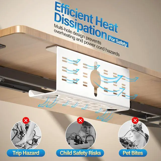 Alt view image 5 of 5 - 2 Pack Cable Management Under Desk White, Cinati 32" Large Cable Management Tray, Under Desk Alloy Steel Wire Organizers, Cord Hider Tray for Office and Home - Tape or Screw Installation