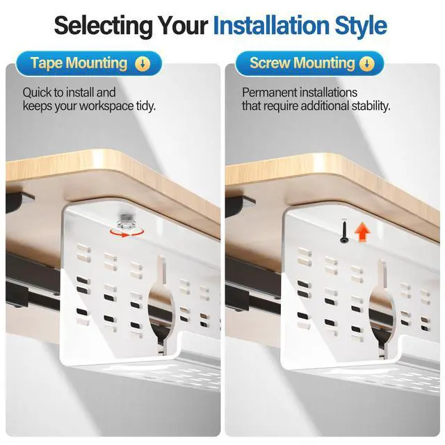 Alt view image 3 of 5 - 2 Pack Cable Management Under Desk White, Cinati 32" Large Cable Management Tray, Under Desk Alloy Steel Wire Organizers, Cord Hider Tray for Office and Home - Tape or Screw Installation