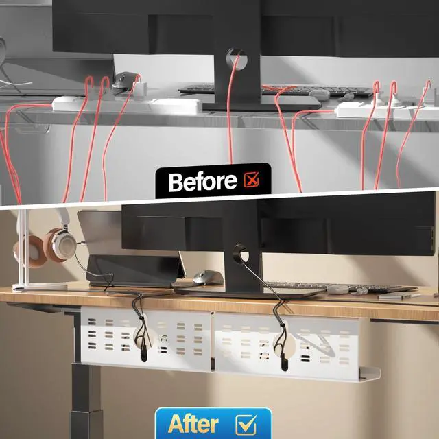 Alt view image 4 of 5 - 2 Pack Cable Management Under Desk White, Cinati 32" Large Cable Management Tray, Under Desk Alloy Steel Wire Organizers, Cord Hider Tray for Office and Home - Tape or Screw Installation