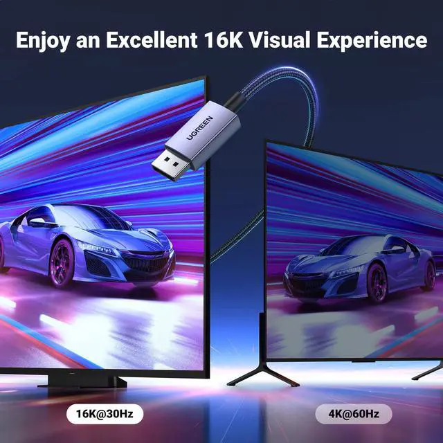 Alt view image 2 of 5 - UGREEN DisplayPort Cable 2.1 DP2.1 40Gbps Support 16K@30Hz 8K@240Hz 4K@240Hz HDR, HDCP, DSC 1.2a, Braided Display Port Cable Cord Compatible FreeSync G-Sync Video Card Monitor, 10FT