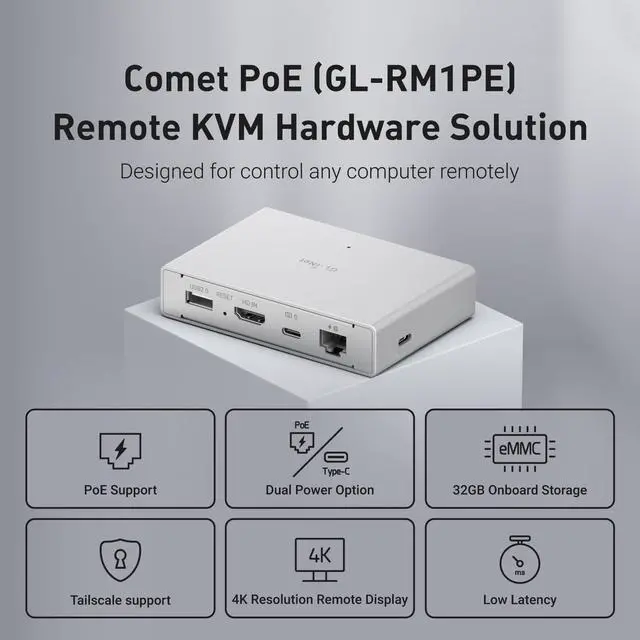 Alt view image 2 of 5 - GL.iNet Comet PoE (GL-RM1PE) Remote KVM Control Over Internet - PoE/Type - C Dual Power Option 4K@30Hz,32GB EMMC Tailscale Support for PC Server Remote Access Power Management Adapted KVM Switches