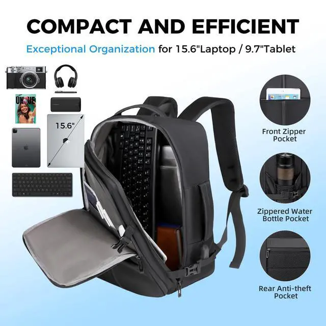 Alt view image 5 of 5 - JUNYRRYO Carry on Travel Backpack for Airplanes, 35L Suitcase Backpack Luggage Business Work Weekender Bag, TSA Laptop Backpack Flight Approved, Expandable Black Travel Backpack for Men Women