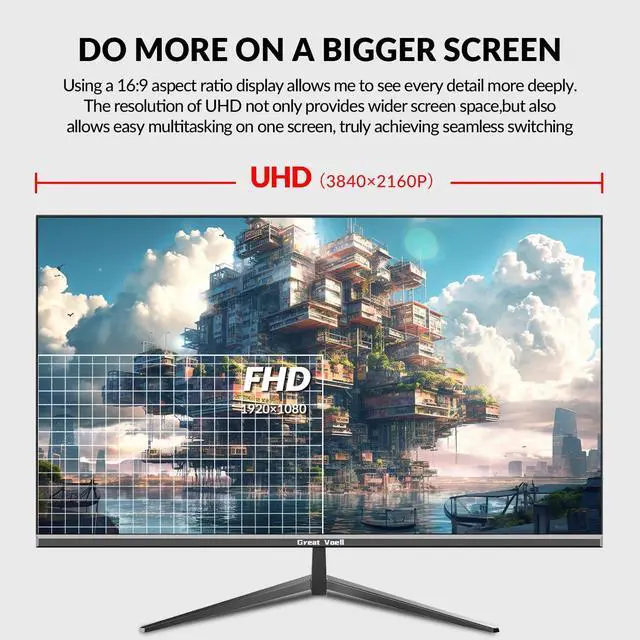 Alt view image 2 of 5 - Great voell 32" 4K UHD Computer Monitor  3840×2160p, 100% sRGB, 178° Viewing Angle, HDMI & DisplayPort, VESA 100x100mm, Black