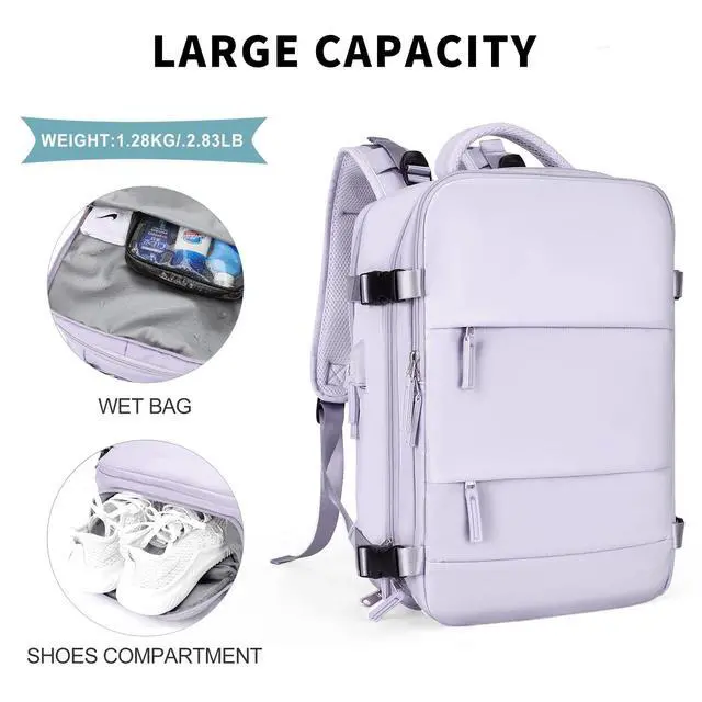Alt view image 4 of 5 - coowoz Large Travel Backpack For Women Men,Carry On Flight Approved,Hiking Waterproof Outdoor Sports Rucksack Casual Daypack Fit 15.6 Inch Laptop Shoes Compartment (Purple)