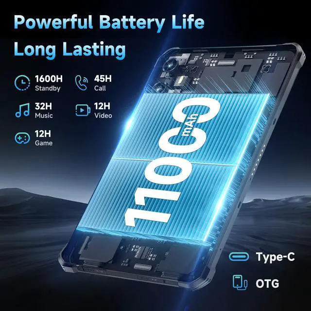 Alt view image 2 of 5 - OUKITEL RT3 Plus Rugged Tablet Android 15-11000mAh Battery, 8 Inch Tablets, 16GB+128GB/TF 1TB, 16MP Camera, IP68/IP69K Waterproof, Octa-Core 4G Dual SIM/5G WiFi/Wrist Strap/GPS/NFC/Gemin AI, Black