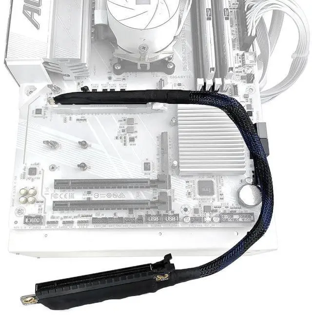 Alt view image 2 of 5 - JMT 180 Degree 64GBS PCIE 5.0 X16 Graphics Card Extension Cable GEN5 Braided Mesh Harness Riser for AI Server Graphics Card Bendable GPU Adapter 16AB5 (Right Out Right in,50CM)