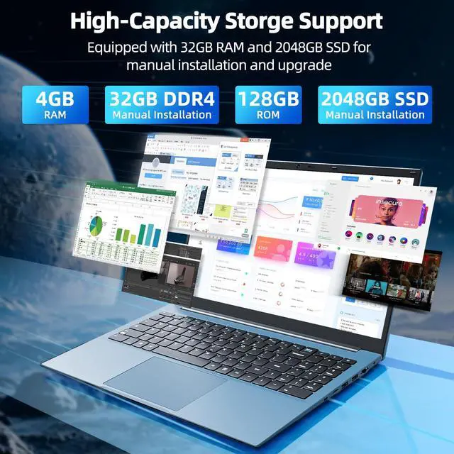 Alt view image 2 of 5 - MELIUNA 15.6 Inch Laptops, Windows 11 Laptop Computers with 36GB RAM 128GB EMMC+2048GB SSD, Celeron N5095 Quad-Core, 1 Year Office 365, 180° Viewing, WiFi 6, USB 3.2 * 3, HDMI, Type-C, 7000mAh