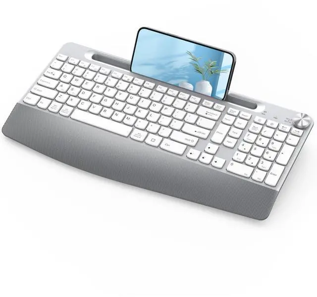 Main image of JOYACCESS Ergonomic Wireless Keyboard, 2.4GHz Cordless USB Full-Size Keyboard with Wrist Rest, Quiet Design & Numeric Keypad, Phone Holder for Desktop, Laptop, PC, Mac, Windows -Silver White