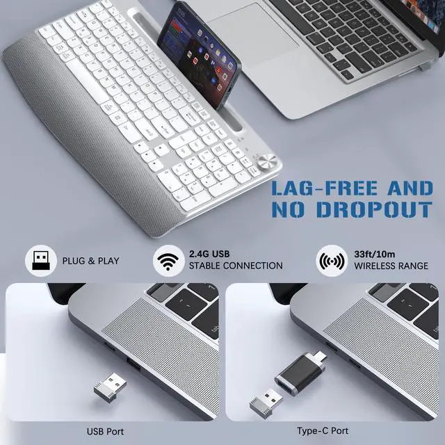 Alt view image 5 of 5 - JOYACCESS Ergonomic Wireless Keyboard, 2.4GHz Cordless USB Full-Size Keyboard with Wrist Rest, Quiet Design & Numeric Keypad, Phone Holder for Desktop, Laptop, PC, Mac, Windows -Silver White