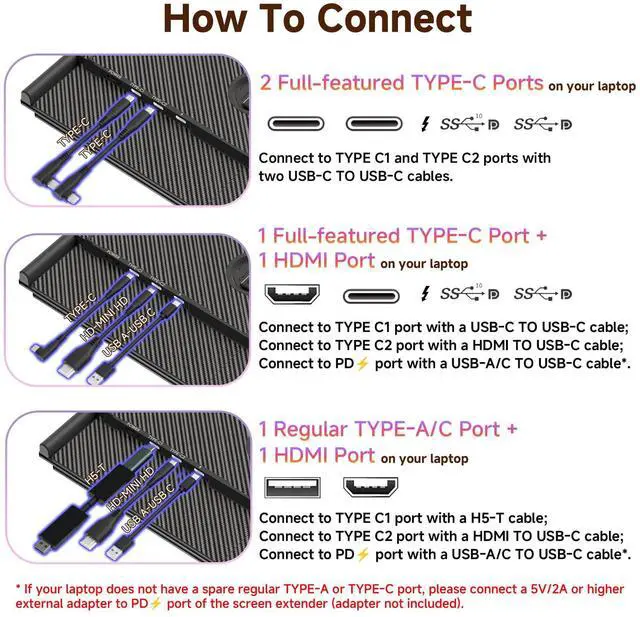 Alt view image 5 of 5 - KOJOM Laptop Screen Extender - 14" Ultra-Thin Triple Portable Monitor 1080P FHD IPS Attachment Screen for 13"-17.3" Laptops Compatible with Wins Mac Dex Chrome Switch