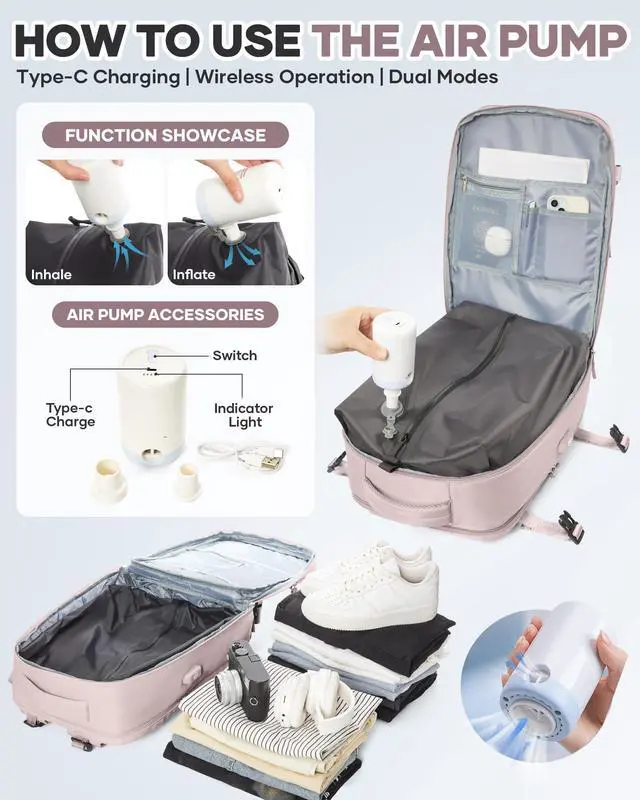 Alt view image 2 of 5 - Vacuum Seal Travel Backpack with Air Pump,Compression Vacpack Waterproof Carry On Backpack for Travel Women Men with Vacuum System,Airlines Approved Daypack Laptop Space Saver Bags,PinkPurple