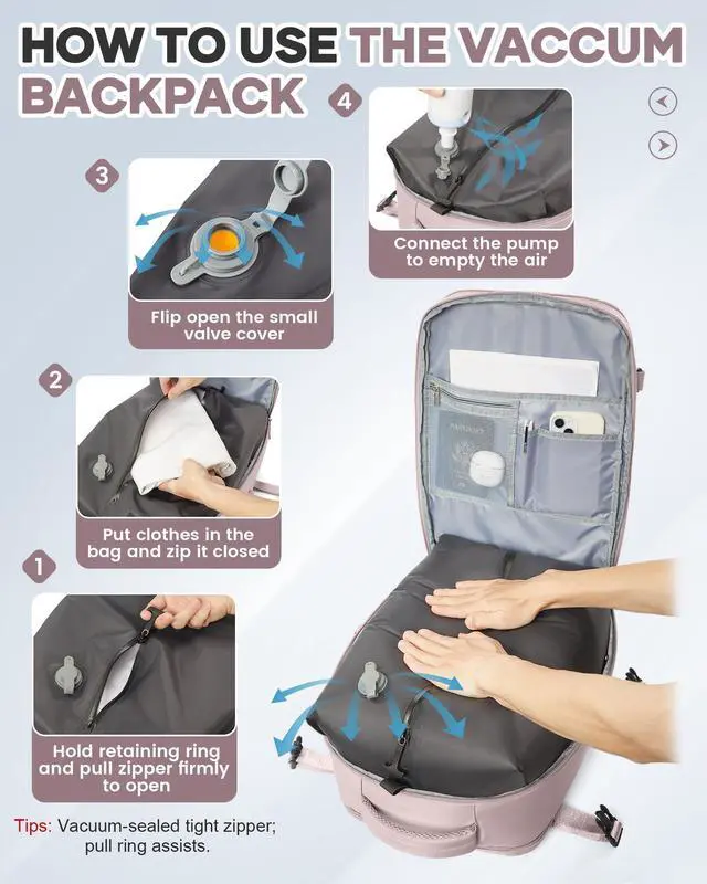 Alt view image 3 of 5 - Vacuum Seal Travel Backpack with Air Pump,Compression Vacpack Waterproof Carry On Backpack for Travel Women Men with Vacuum System,Airlines Approved Daypack Laptop Space Saver Bags,PinkPurple