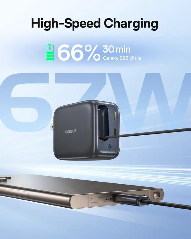 Alt view image 2 of 5 - Baseus Enercore CJ11 Retractable USB C Charger, 67W 3 in 1 Fast Charging Block with Foldable Plug, PD/PPS for Galaxy S25/iPhone 17/16/15 Series/MacBook Air/Airpods 4