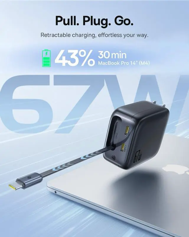 Alt view image 3 of 5 - Baseus Enercore CJ11 Retractable USB C Charger, 67W 3 in 1 Fast Charging Block with Foldable Plug, PD/PPS for Galaxy S25/iPhone 17/16/15 Series/MacBook Air/Airpods 4