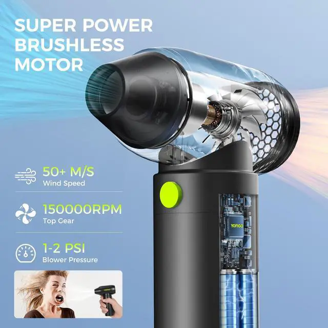 Alt view image 2 of 5 - YOFIGO Electric Air Duster-150000RPM Super Power Compressed Air Duster, Mini Cordless Vacuum Cleaner, Rechargeable Brushless Motor 4-Speed Dust Blower, Air Fan for Computer, Keyboard, House and Car