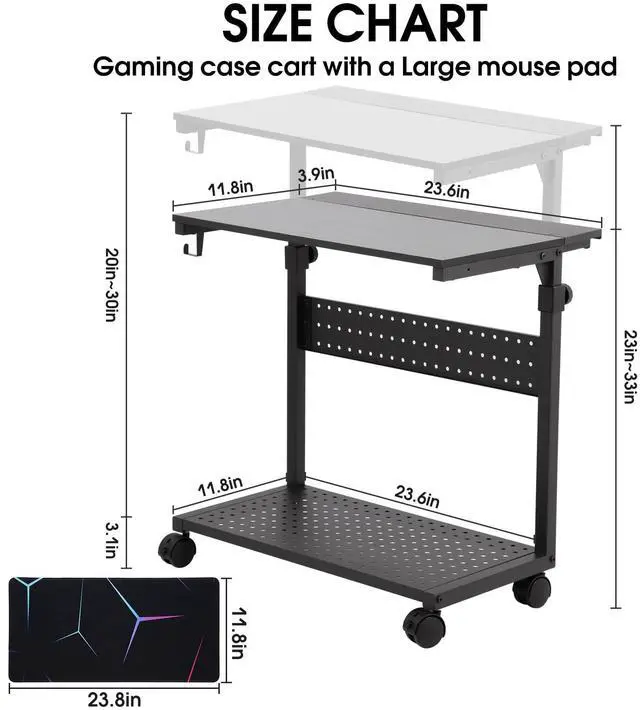 Alt view image 4 of 5 - KEBE Wider Tower Stand, Height Adjustable Computer Tower for Gaming Home Office, 2-Tier PC Stand Printer Rack ATX-Case CPU Holder Cart with Wheels & Mouse Pad, Black