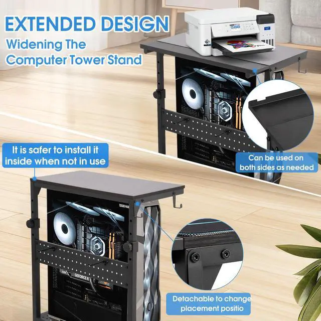 Alt view image 2 of 5 - KEBE Wider Tower Stand, Height Adjustable Computer Tower for Gaming Home Office, 2-Tier PC Stand Printer Rack ATX-Case CPU Holder Cart with Wheels & Mouse Pad, Black