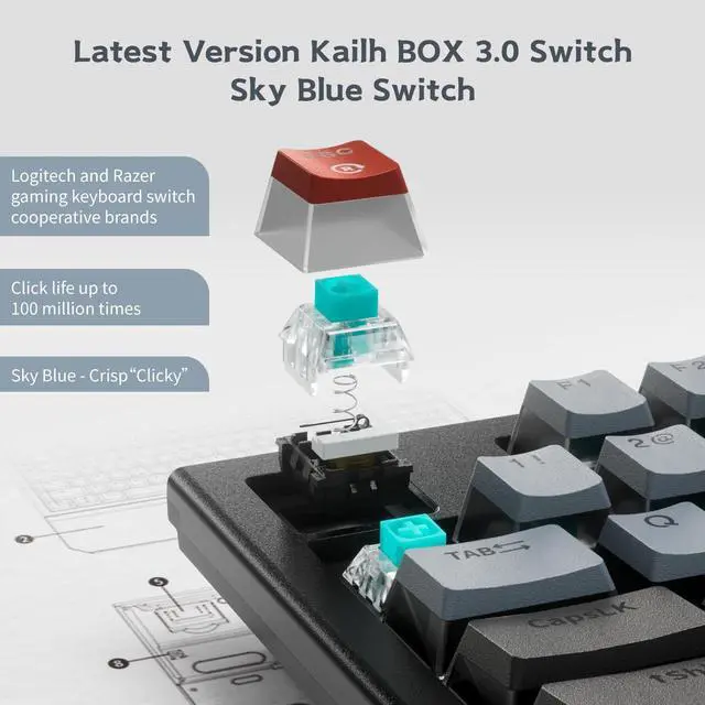 Alt view image 3 of 5 - Hexgears X5 Wireless Mechanical Keyboard Full Size 108 Keys, Kailh Box 3.0 Tactile Switch, Ergonomic, N-Key Rollover, Backlit Gaming Keyboard with Wrist Rest (Dark)