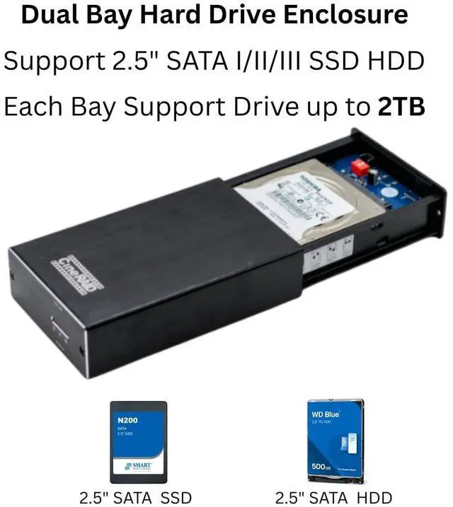 Alt view image 2 of 5 - CineRAID CR-H218 USB 3.1 Gen 2 10GB/s Dual-Bay RAID Enclosure  Portable 2.5" SATA SSD/HDD Case with RAID 0/1/JBOD/Normal, Bus-Powered, Compatible with Win/macOS/Linux - USAP Support