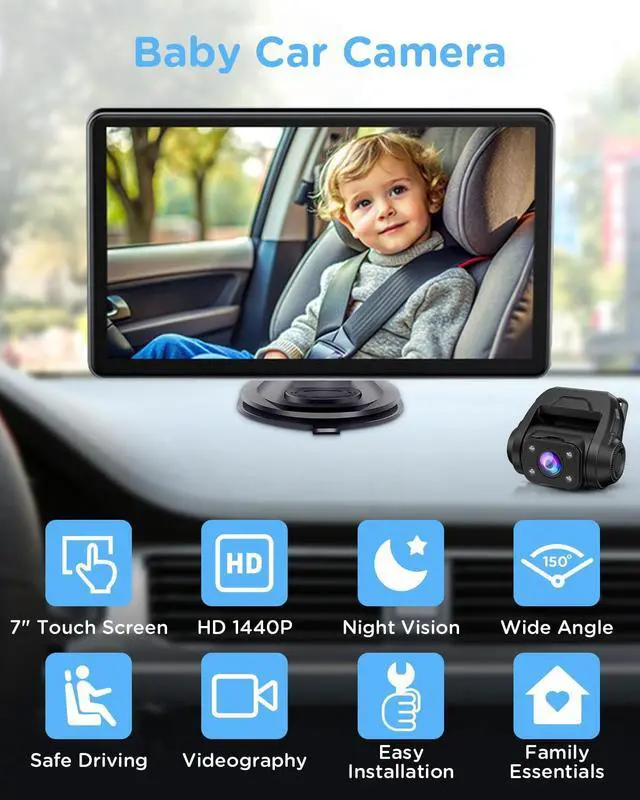 Alt view image 2 of 5 - ZGZUXO Baby Car Monitor for Backseat, 7" Touchscreen Camera Baby Camera with USB Plug and Play Easy Setup, 150° Wide Angle, Night Vision, Flexible 360 Rotation