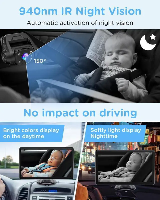 Alt view image 3 of 5 - ZGZUXO Baby Car Monitor for Backseat, 7" Touchscreen Camera Baby Camera with USB Plug and Play Easy Setup, 150° Wide Angle, Night Vision, Flexible 360 Rotation