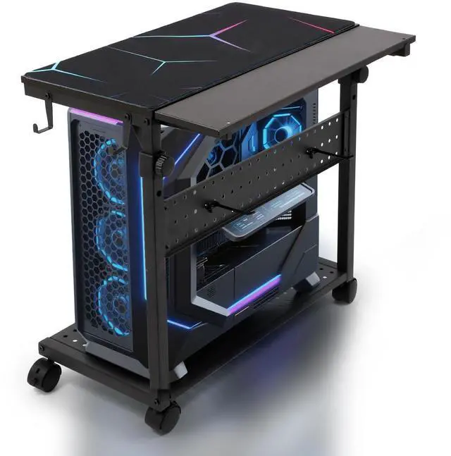 Main image of KEBE Wider Tower Stand, Height Adjustable Computer Tower for Gaming Home Office, 2-Tier PC Stand Printer Rack ATX-Case CPU Holder Cart with Wheels & Mouse Pad, Black