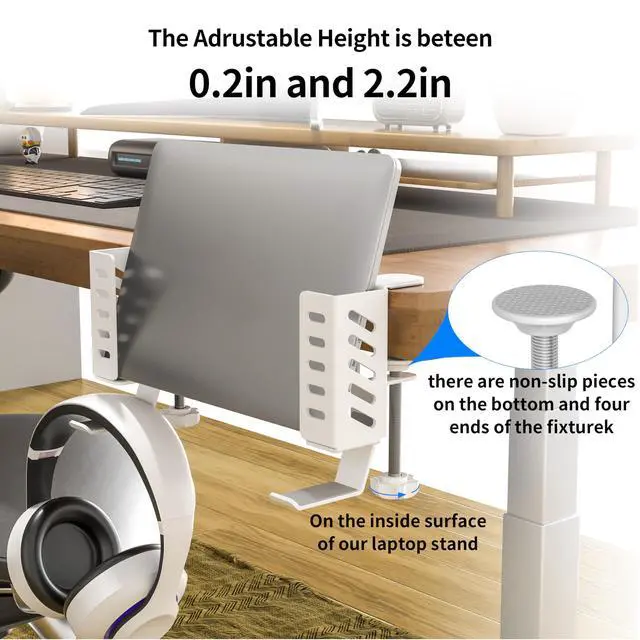 Alt view image 4 of 5 - SKYROSEXSDCT Adjustable Desk Side Laptop Holder with Headphone Stand - No Drill Clamp Organizer for Laptops, Tablets, Keyboards (White) - Sturdy Steel & Silicone Pad Protection