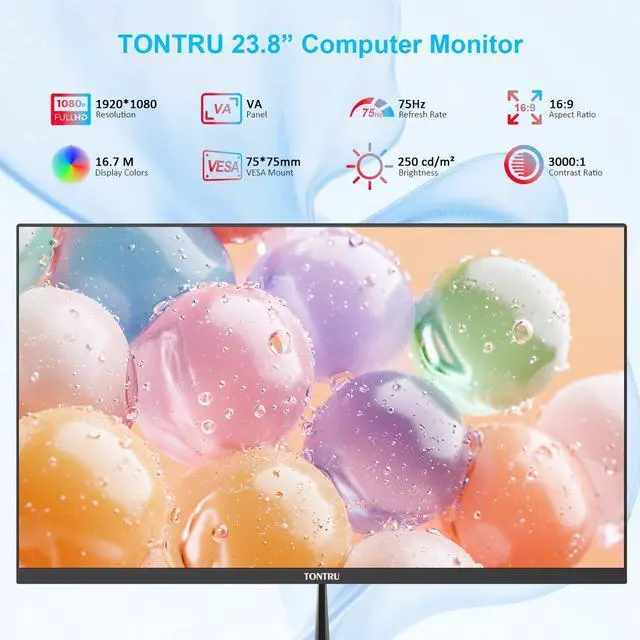 Alt view image 2 of 5 - TONTRU 23.8 inch Monitor, Full HD Computer Monitor with VA Panel, 75Hz Refresh Rate, VESA Mountable, HDMI/VGA, Ergonomic Tilt, Built-in Speakers, Eye Care, 3-Side Frameless, Black