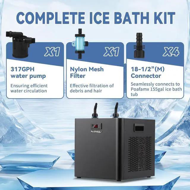 Alt view image 4 of 5 - Poafamx 1/2HP Water Chiller for Cold Plunge, Ice Bath Chiller Kit with Filter, Hose, Water Pump, 132Gal Water Cooler System for Cold Tub, Quiet Cold Plunge Chiller for Athletes