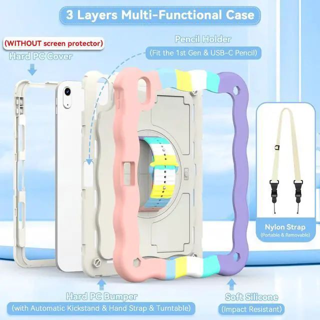 Alt view image 3 of 5 - ZoneFoker for iPad A16 11th Generation 2025 / 10th Gen Case 2022, for 11 Inch / 10.9 Inch iPad Case Heavy Duty Cover Shockproof with Pencil Holder [360° Rotate Strap] & Stand for Kids, Camouflage