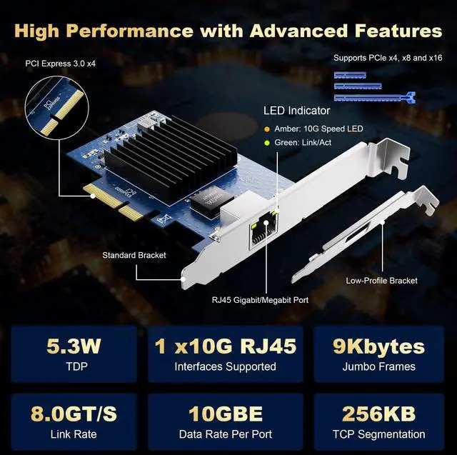 Alt view image 2 of 5 - 10Gb PCIe NIC Network Card, Single RJ45 Port, Aquantia AQC107 4X Ethernet LAN Controller, for Windows Server/Windows/Linux/ESX